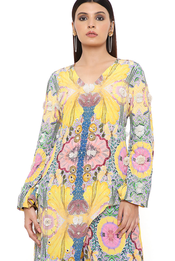 HELEN YELLOW ENCHANTED PRINT CREPE EMBROIDERED KURTA WITH CROPPED PALAZZO