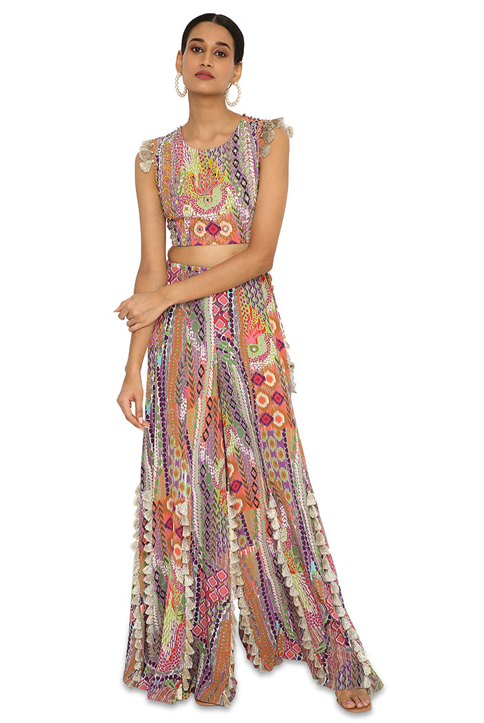 Iiyana African Print Embroidered Crepe Choli With Tasselled Sharara