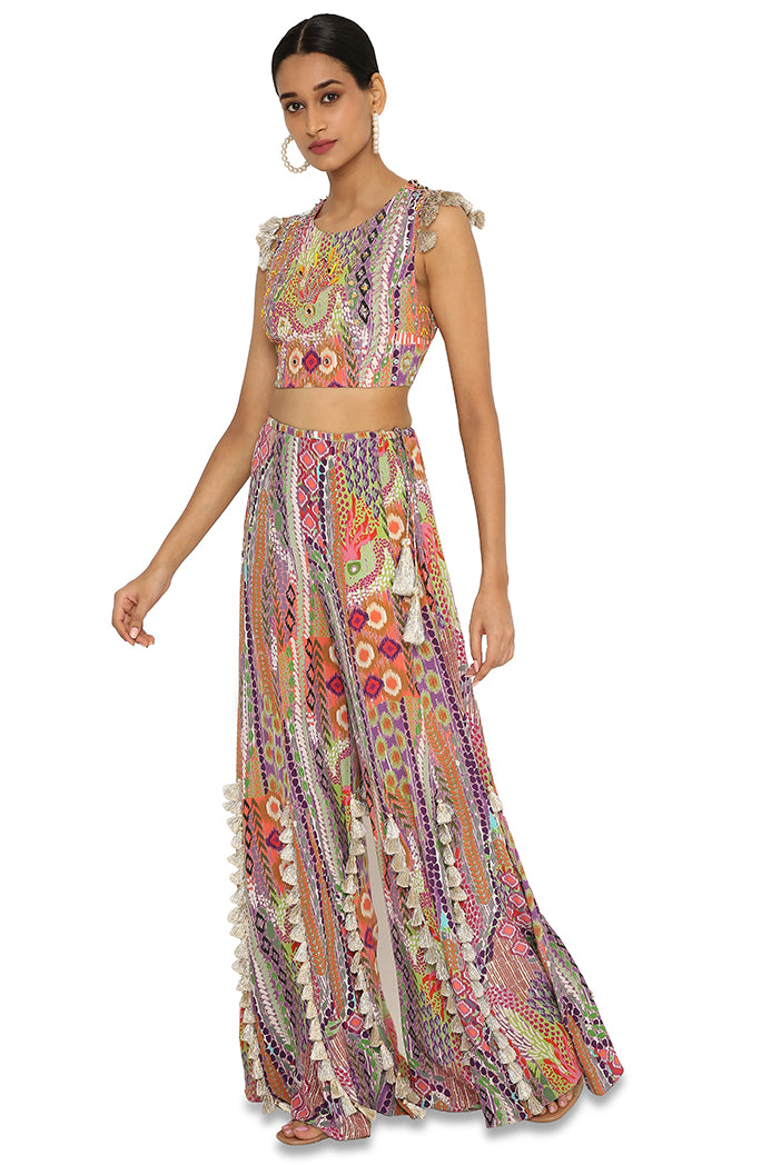 Iiyana African Print Embroidered Crepe Choli With Tasselled Sharara