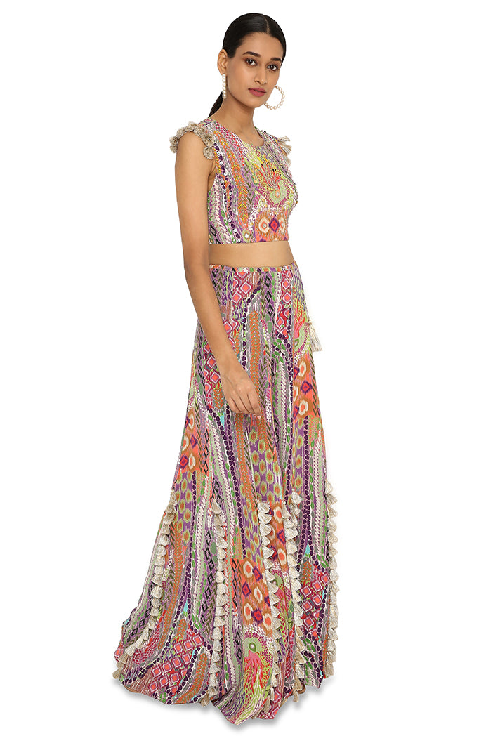 Iiyana African Print Embroidered Crepe Choli With Tasselled Sharara