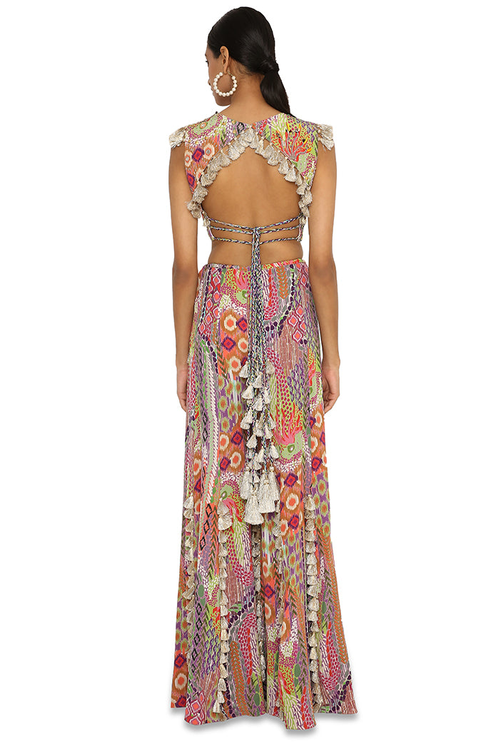 Iiyana African Print Embroidered Crepe Choli With Tasselled Sharara