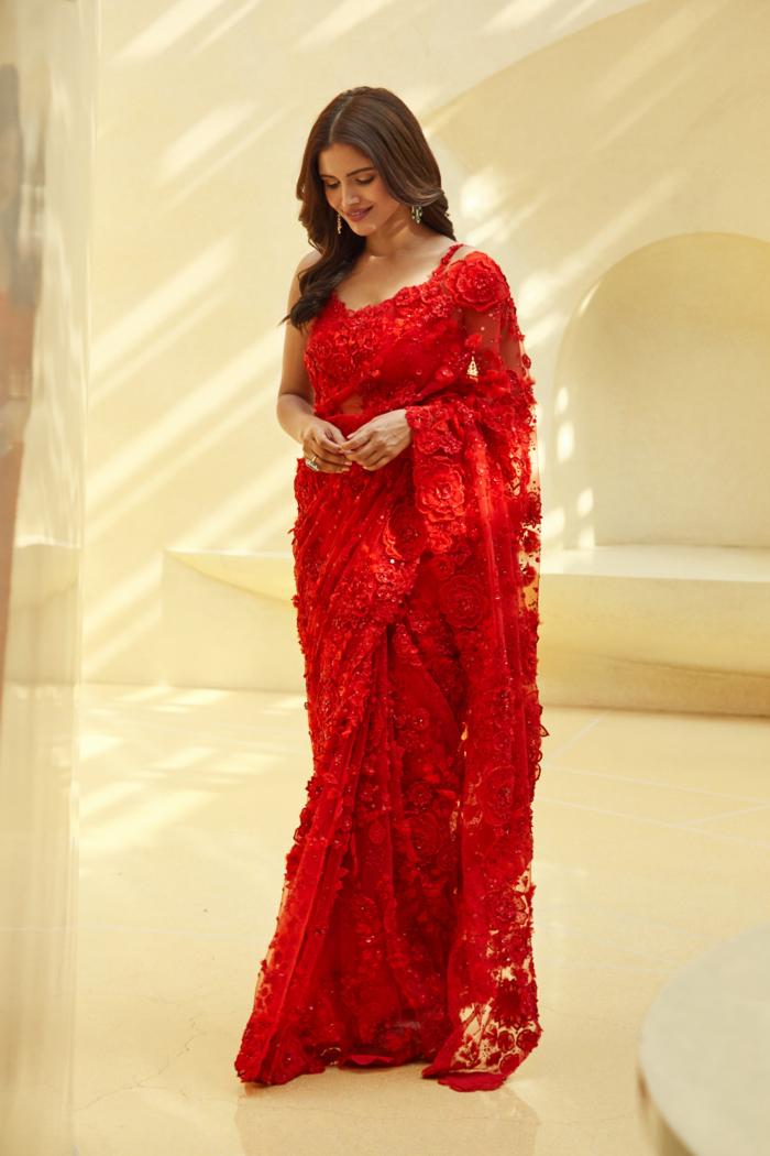 Scarlet Charm Ruby Red Saree with Layered Ruffles and Delicate Beadwork