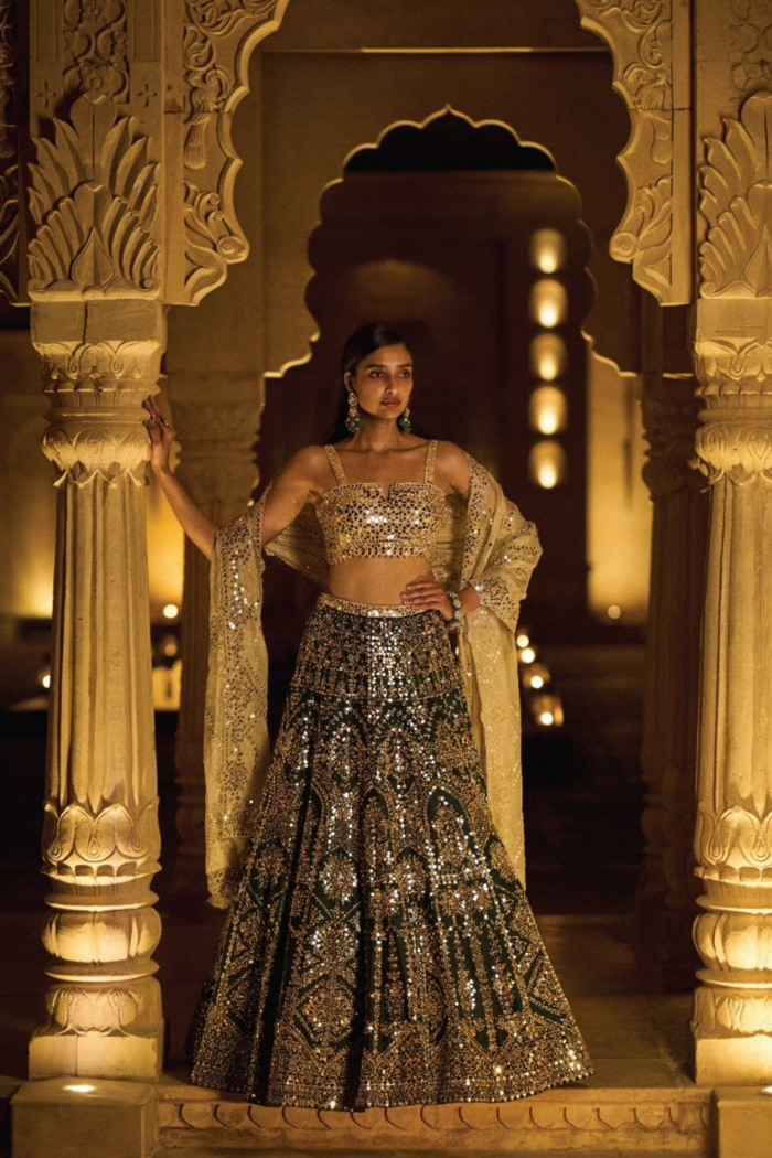 Bottle Green Aina Mirror Work Lehenga Set