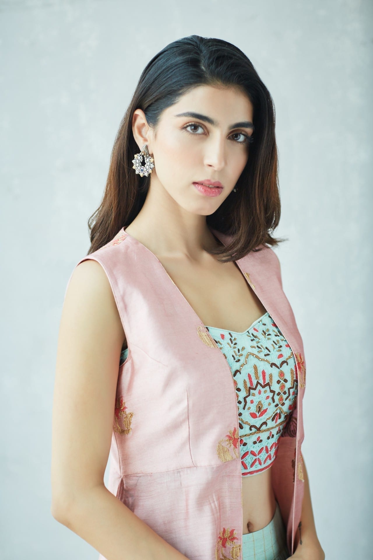 Mint Lehenga with a Pink Chanderi Cape
