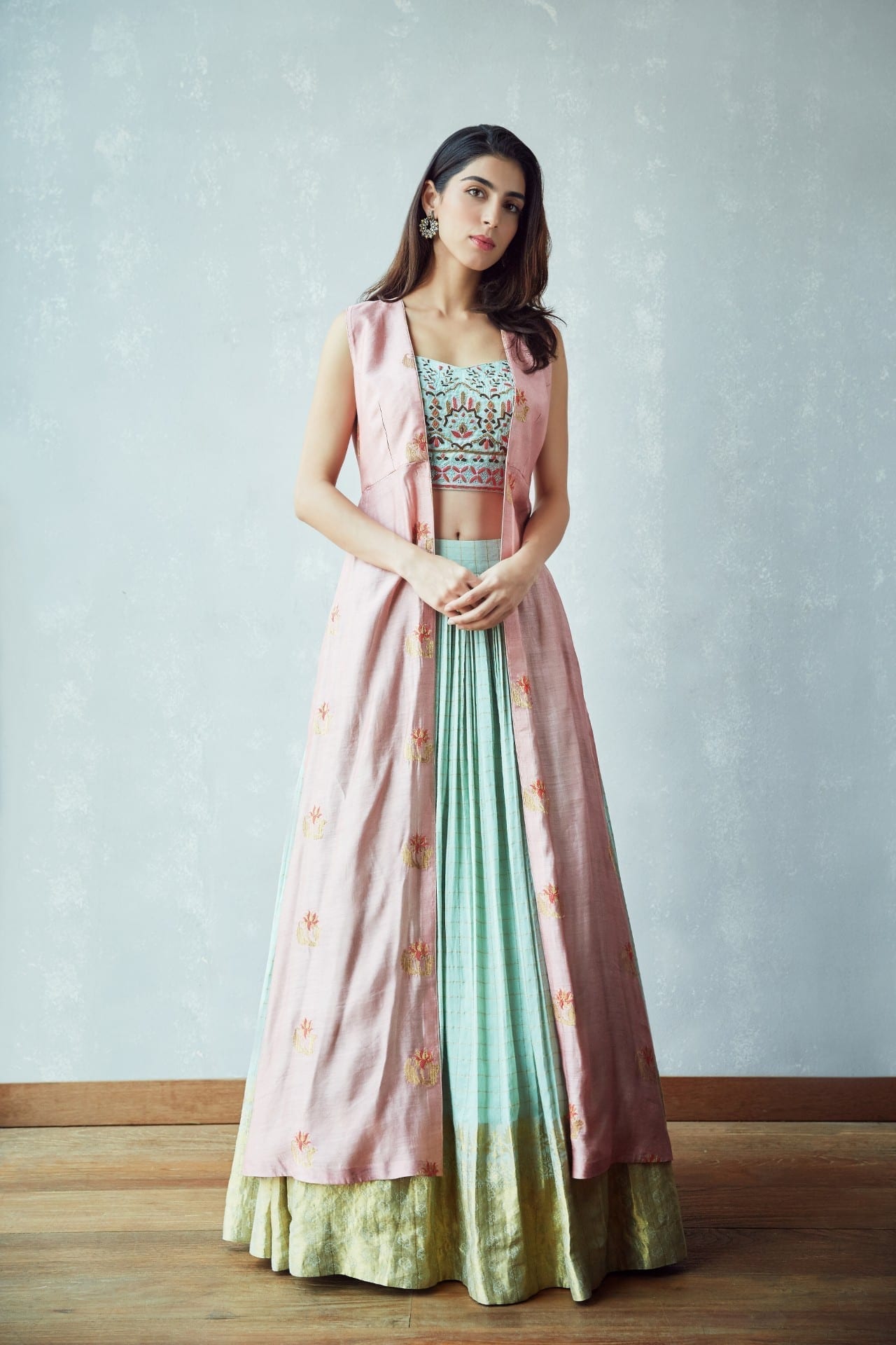 Mint Lehenga with a Pink Chanderi Cape