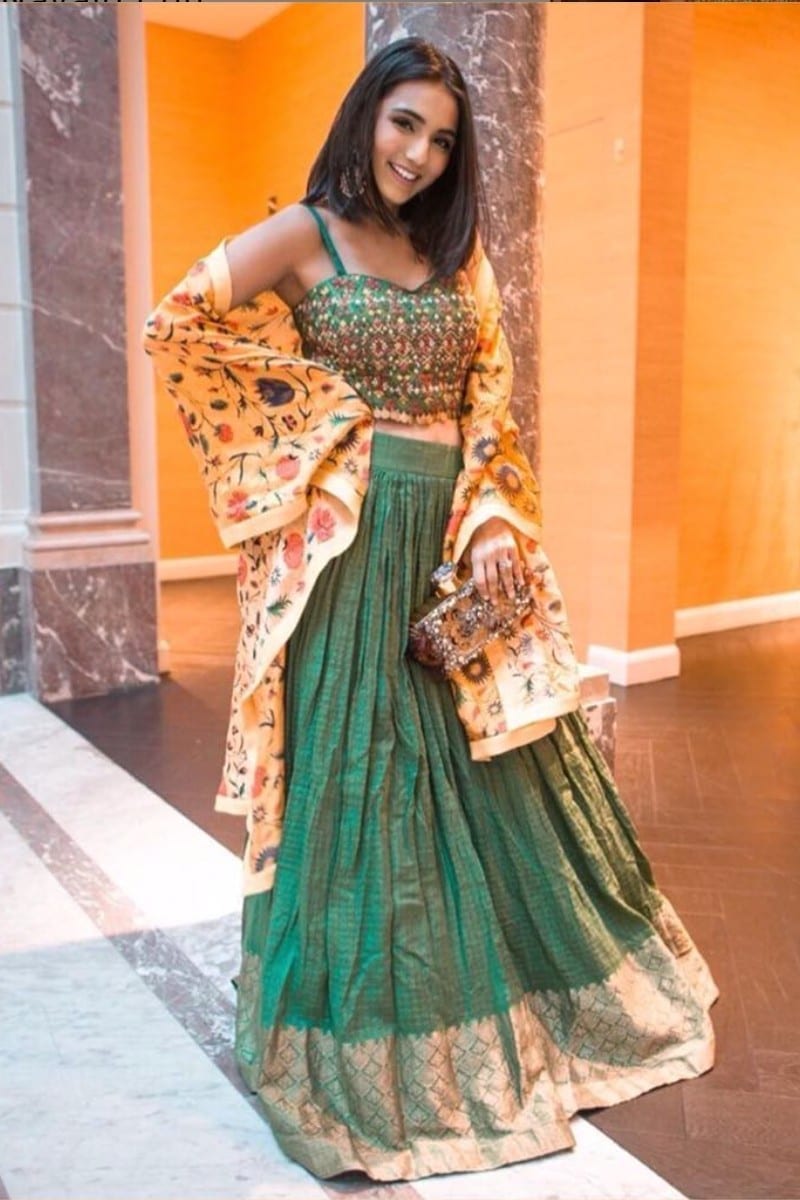 Dark Green Lehenga with a Floral Duppata