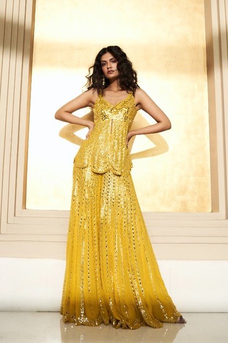 Mustard Yellow Mirror Work Sharara Set