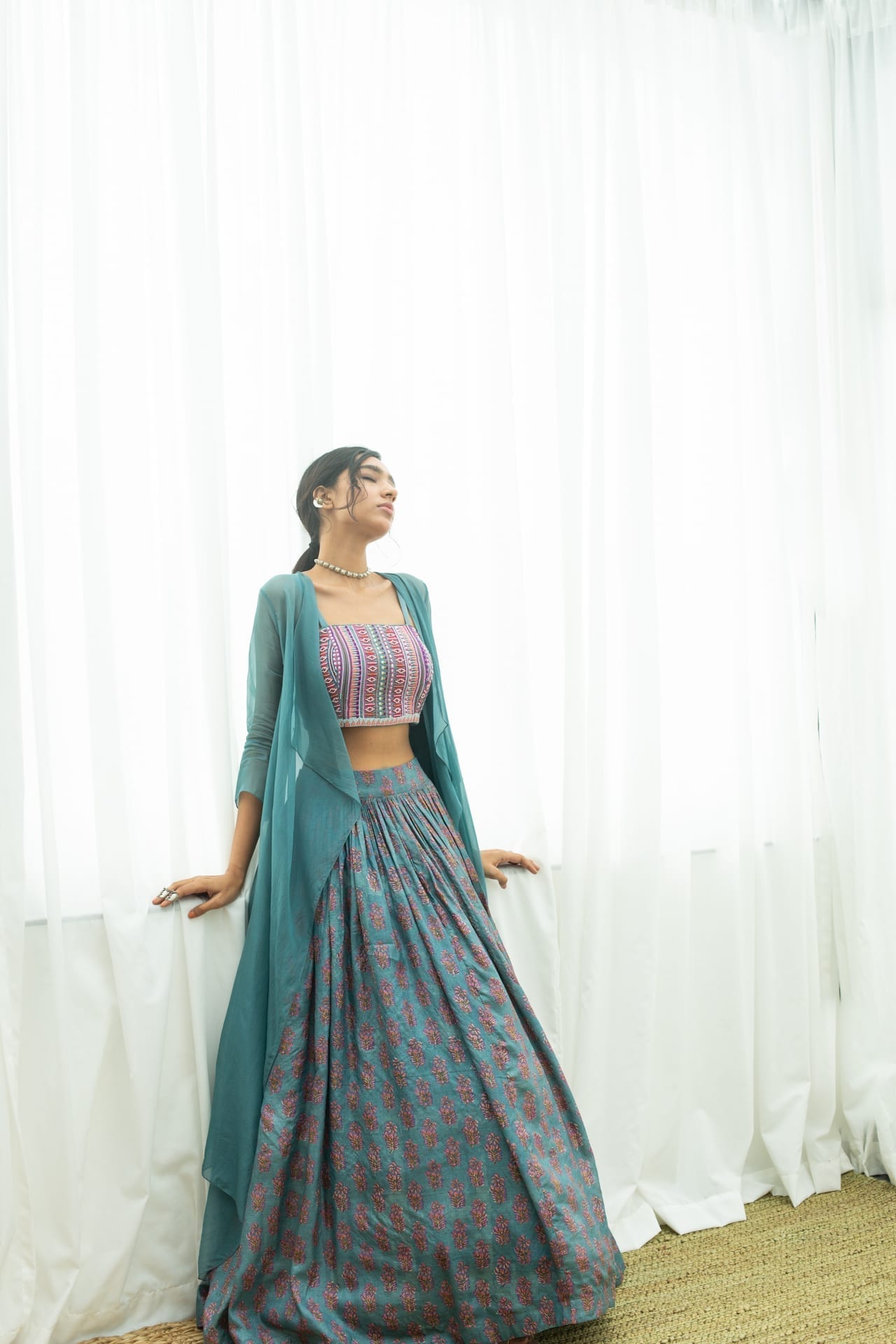 Blue Block Printed – Beadwork Lehenga