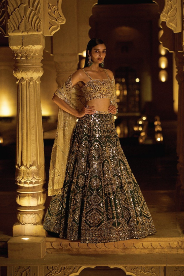 Bottle Green Aina Mirror Work Lehenga Set