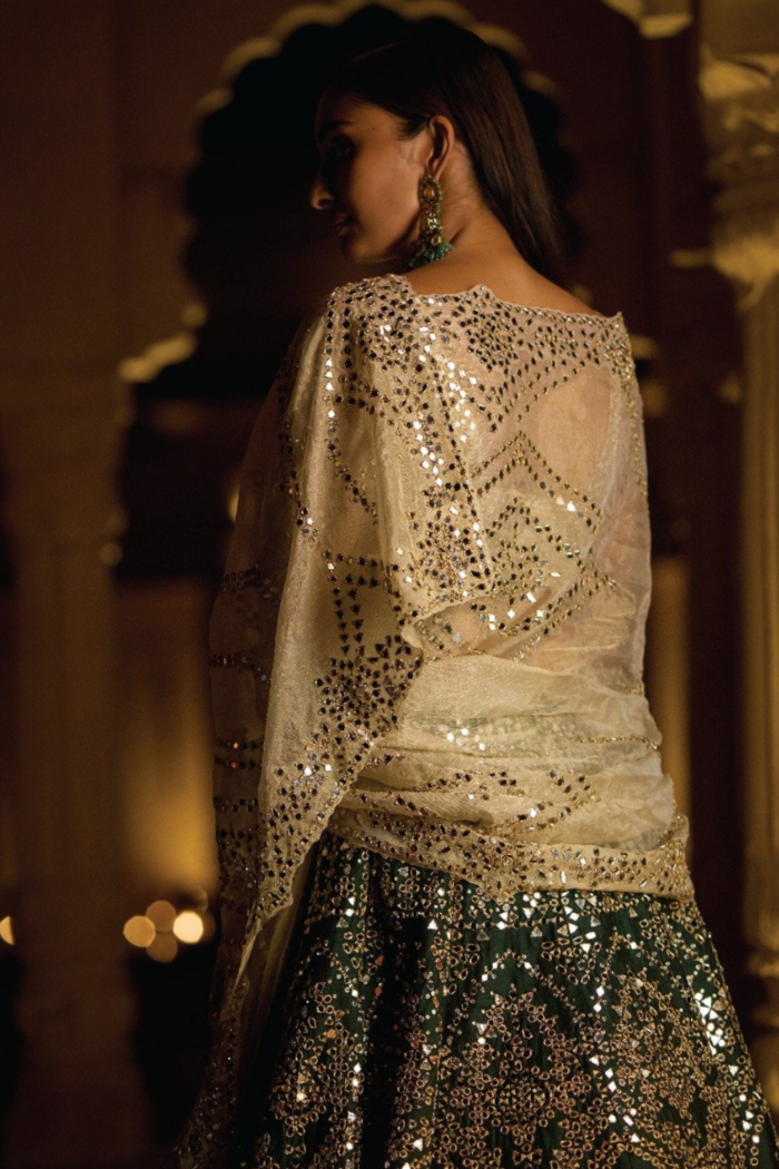 Bottle Green Aina Mirror Work Lehenga Set