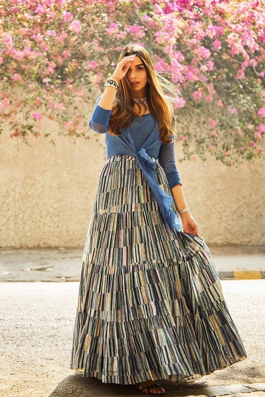 Printed Silk Gathered Skirt with an Organza shirt