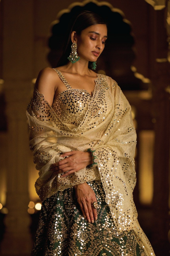 Bottle Green Aina Mirror Work Lehenga Set