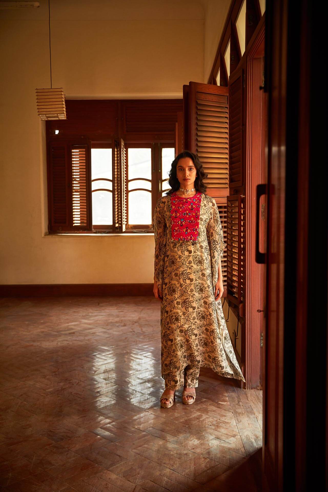 Green Floral Kaftan with Colourful Patch