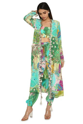 Insha Kuno Print Crepe Embroidered Jacket With Bustier And Jogger Pants