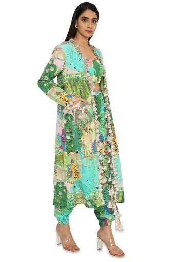 Insha Kuno Print Crepe Embroidered Jacket With Bustier And Jogger Pants