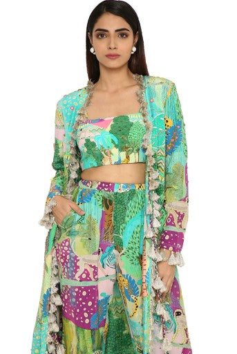 Insha Kuno Print Crepe Embroidered Jacket With Bustier And Jogger Pants