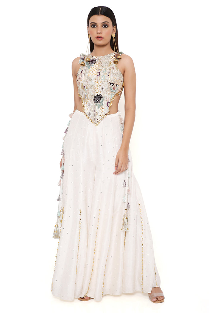 IRA OFF WHITE GEORGETTE EMBROIDERED CHOLI WITH ABLA SILK SHARARA
