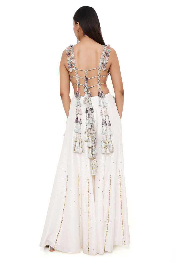 IRA OFF WHITE GEORGETTE EMBROIDERED CHOLI WITH ABLA SILK SHARARA