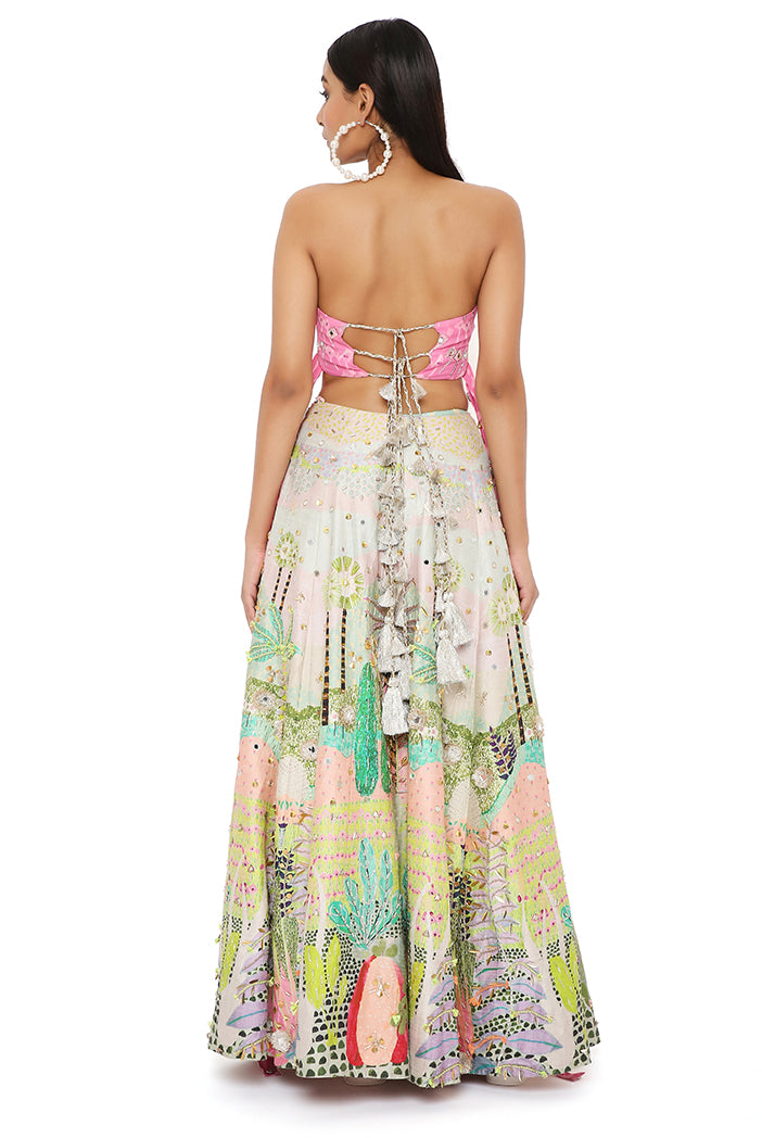 IVANA PINK KITE PRINT EMBROIDERED BUSTIER WITH TROPICAL PRINT EMBROIDERED LEHENGA AND MUKAISH NET DUPATTA