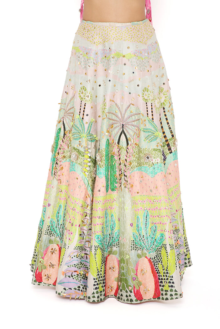 IVANA PINK KITE PRINT EMBROIDERED BUSTIER WITH TROPICAL PRINT EMBROIDERED LEHENGA AND MUKAISH NET DUPATTA