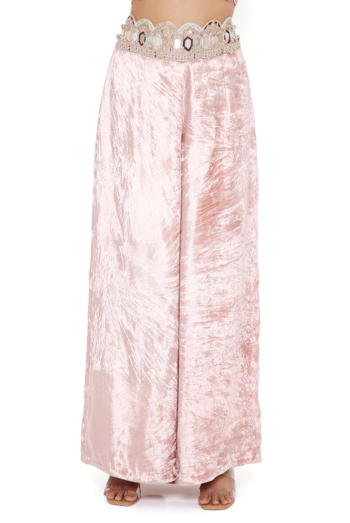 JIYA ROSE PINK GEORGETTE EMBROIDERED SCALLOP JACKET WITH FRONT EMBROIDERED BUSTIER AND PALAZZO