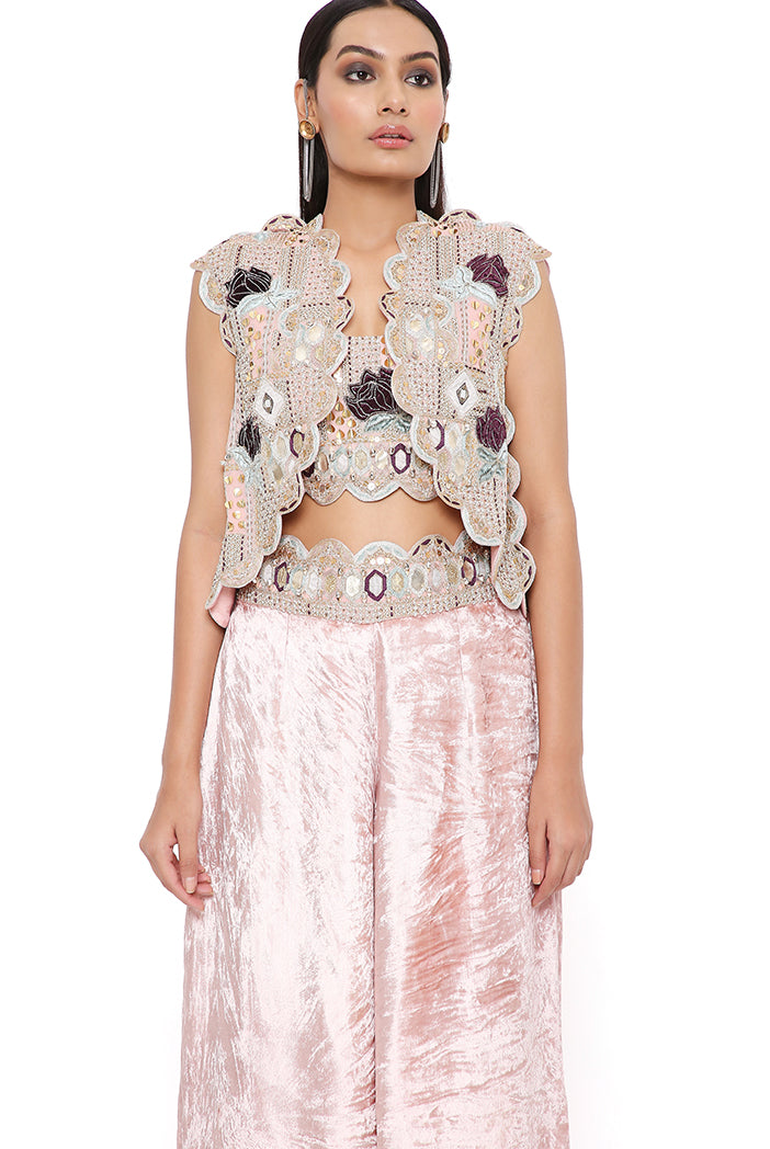 JIYA ROSE PINK GEORGETTE EMBROIDERED SCALLOP JACKET WITH FRONT EMBROIDERED BUSTIER AND PALAZZO