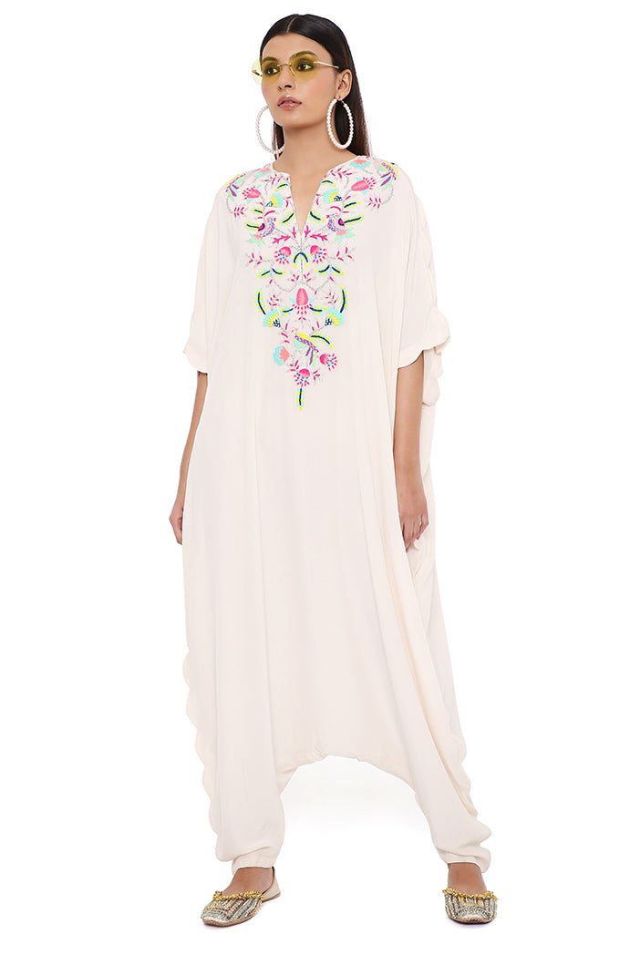 KARA STONE CREPE EMBROIDERED JUMPSUIT WITH SCALLOPED EDGES