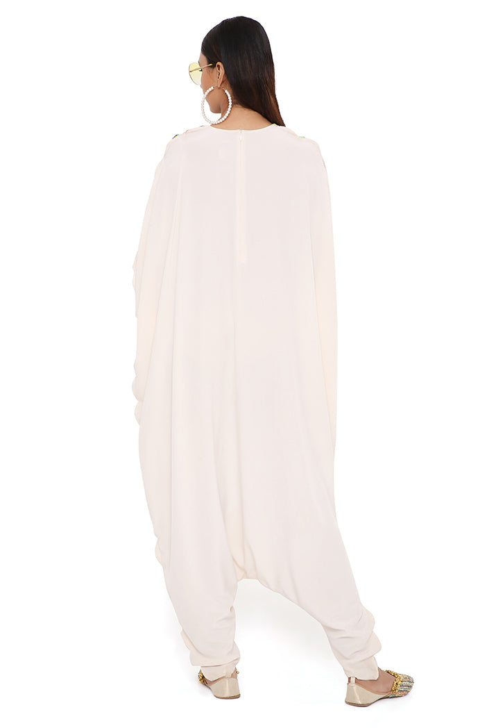 KARA STONE CREPE EMBROIDERED JUMPSUIT WITH SCALLOPED EDGES