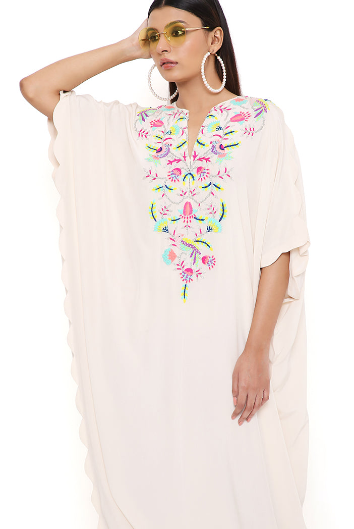 KARA STONE CREPE EMBROIDERED JUMPSUIT WITH SCALLOPED EDGES