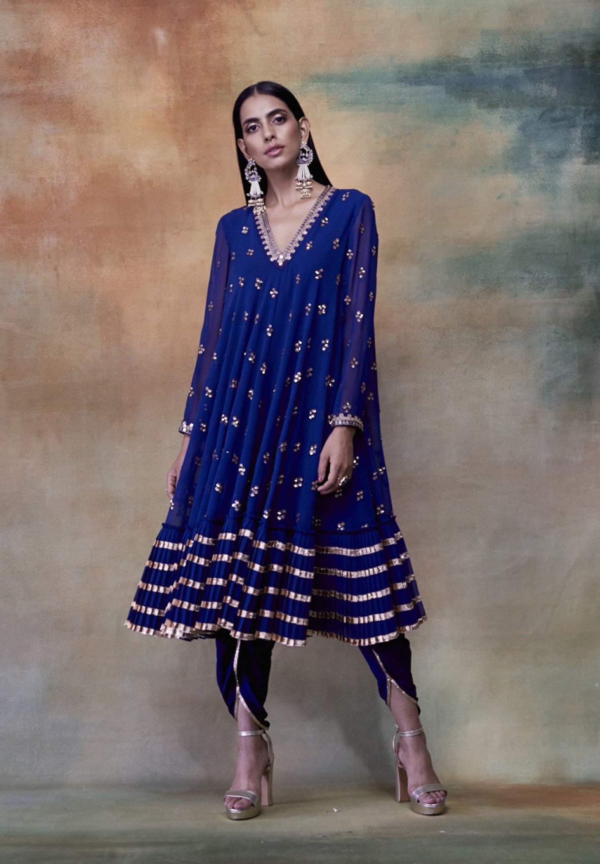MidNight Blue A-Line Gota Frill Kurta & Dhoti Set