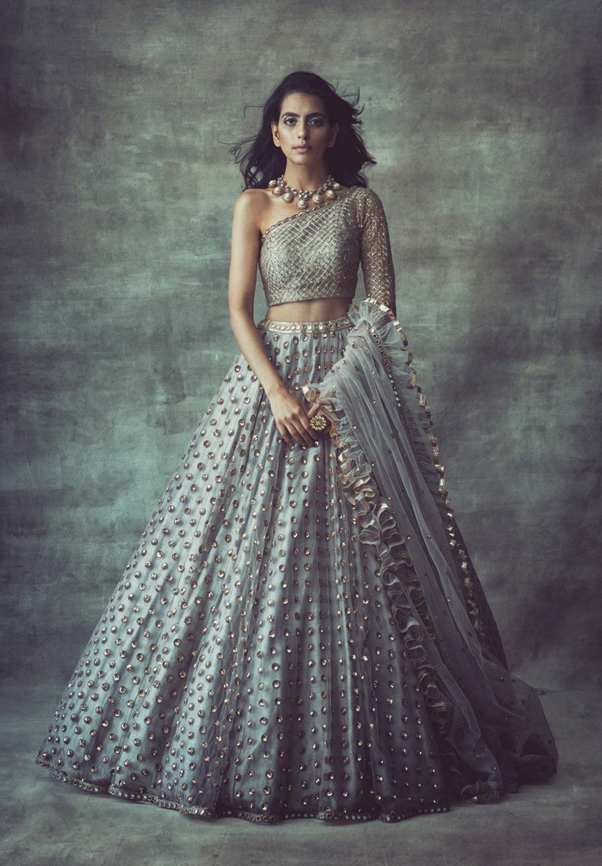 Light Grey One Sleeve Lehenga Set