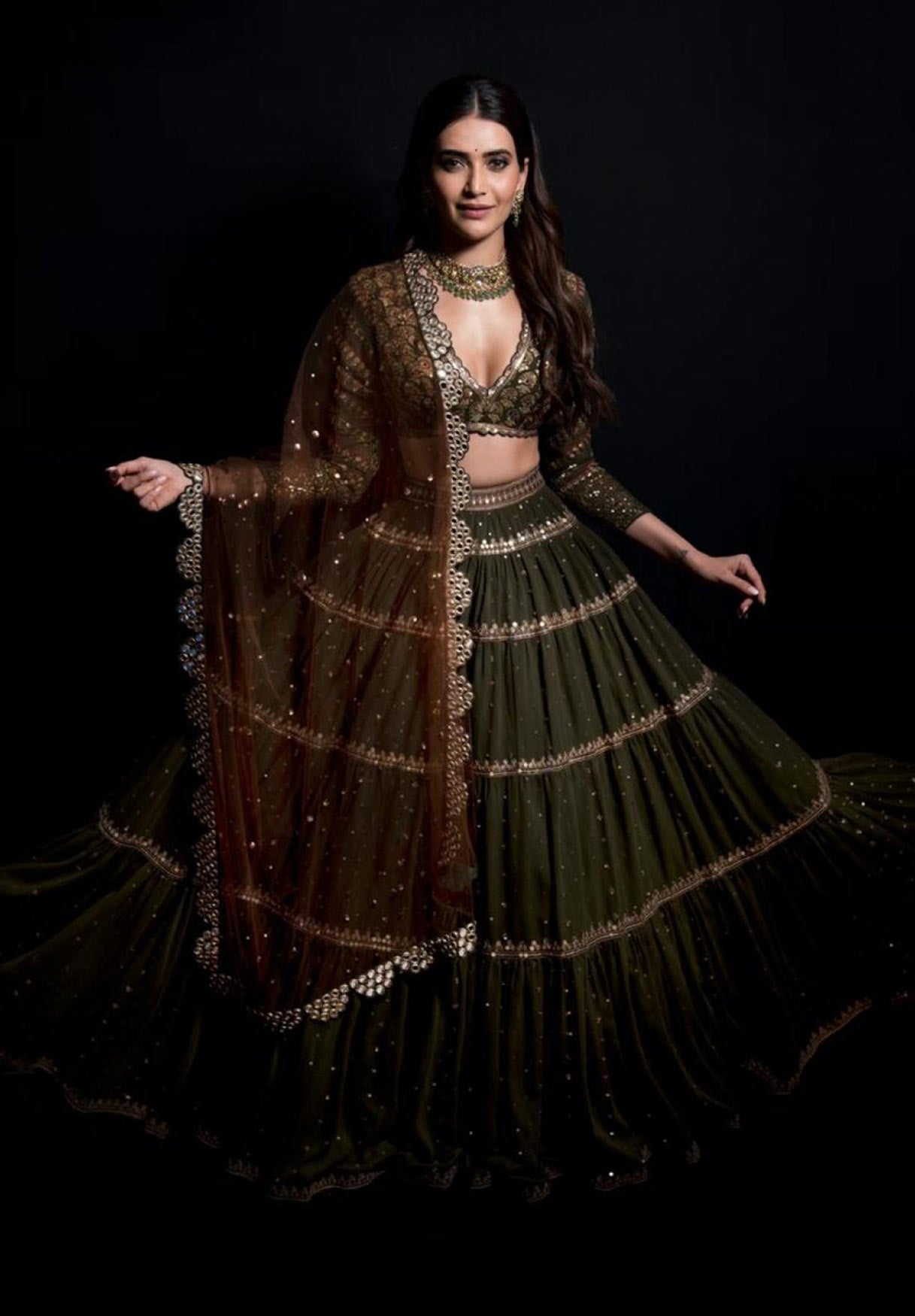 Olive Green Tier Lehenga Set