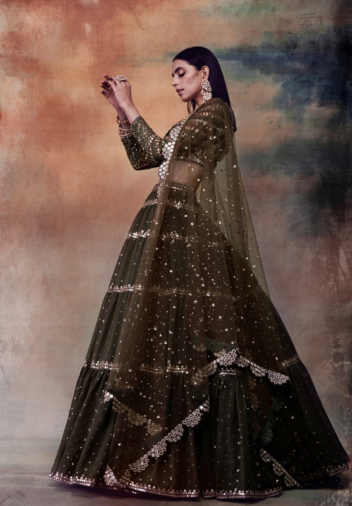 Olive Green Tier Lehenga Set