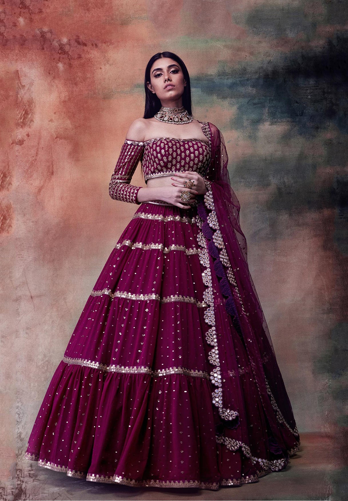 Wine Off Shoulder Tier Lehenga Set