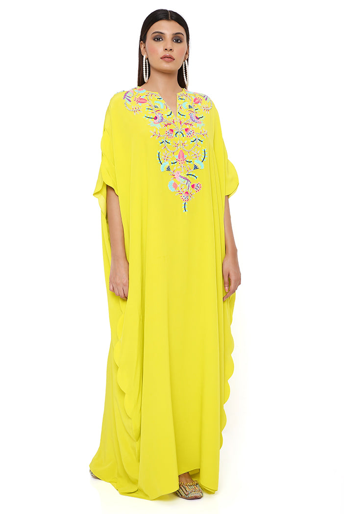 LIME CREPE EMBROIDERED SCALLOPED KAFTAN
