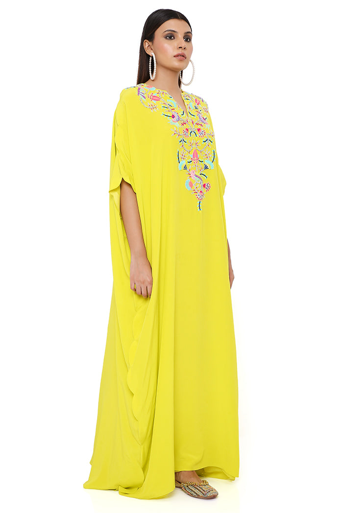 LIME CREPE EMBROIDERED SCALLOPED KAFTAN
