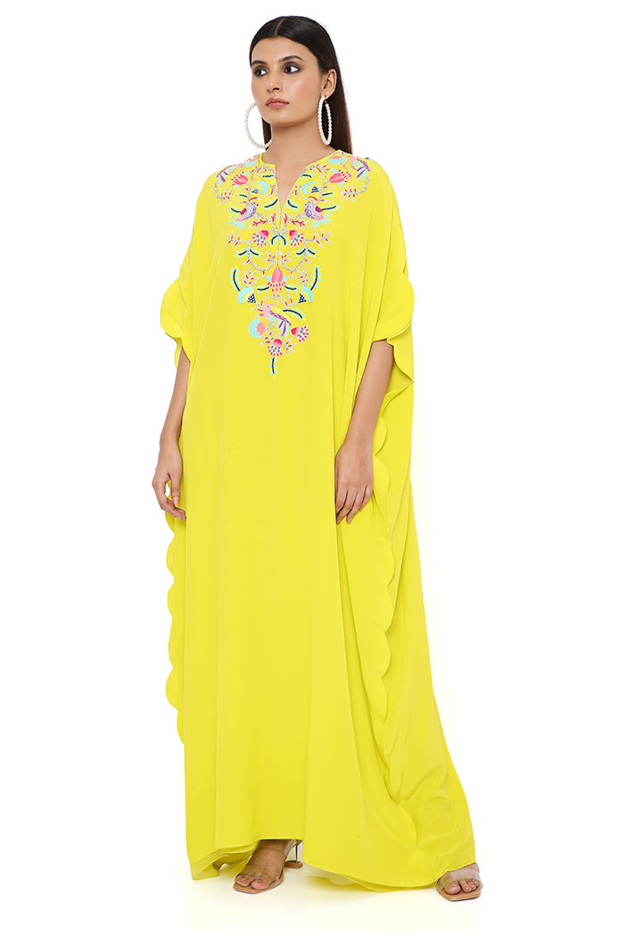 LIME CREPE EMBROIDERED SCALLOPED KAFTAN