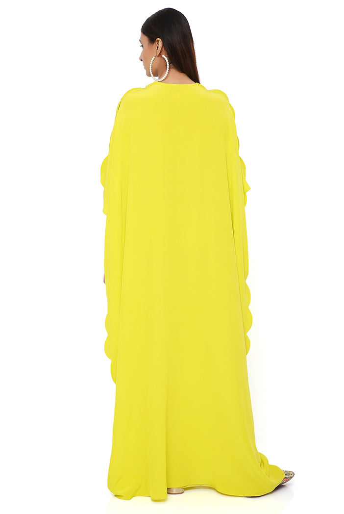 LIME CREPE EMBROIDERED SCALLOPED KAFTAN