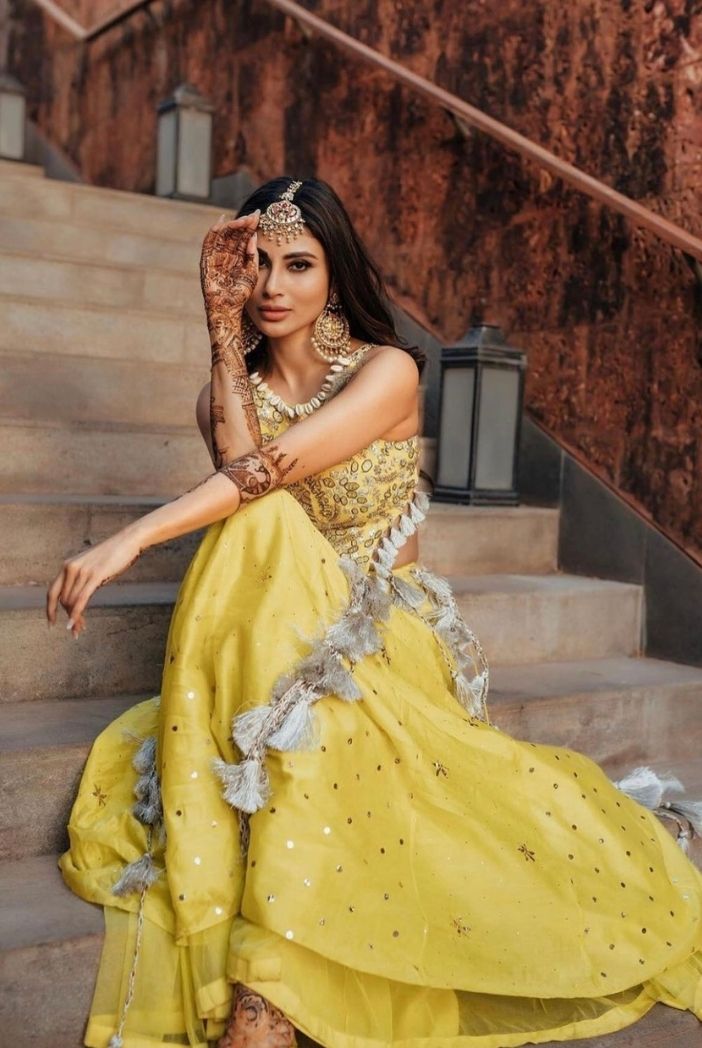 Mouni Roy in PS LIME GREEN EMBROIDERED LEHENGA