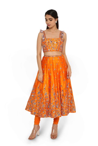 Lisa Orange Bandhani Embroidered Choli And Skirt With Attached Soft Net Churidar