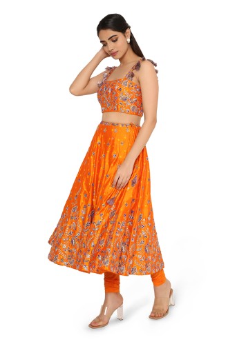Lisa Orange Bandhani Embroidered Choli And Skirt With Attached Soft Net Churidar