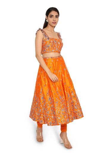 Lisa Orange Bandhani Embroidered Choli And Skirt With Attached Soft Net Churidar
