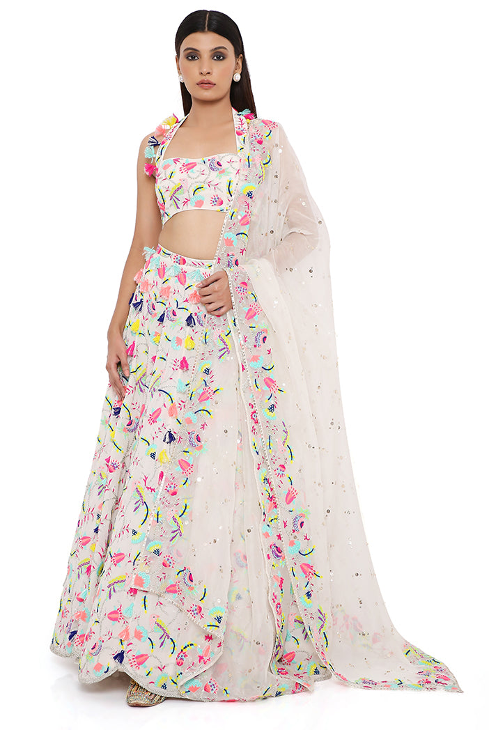MAHIRA STONE GEORGETTE EMBROIDERED HALTER TOP AND LEHENGA WITH MUKAISH ORGANZA DUPATTA