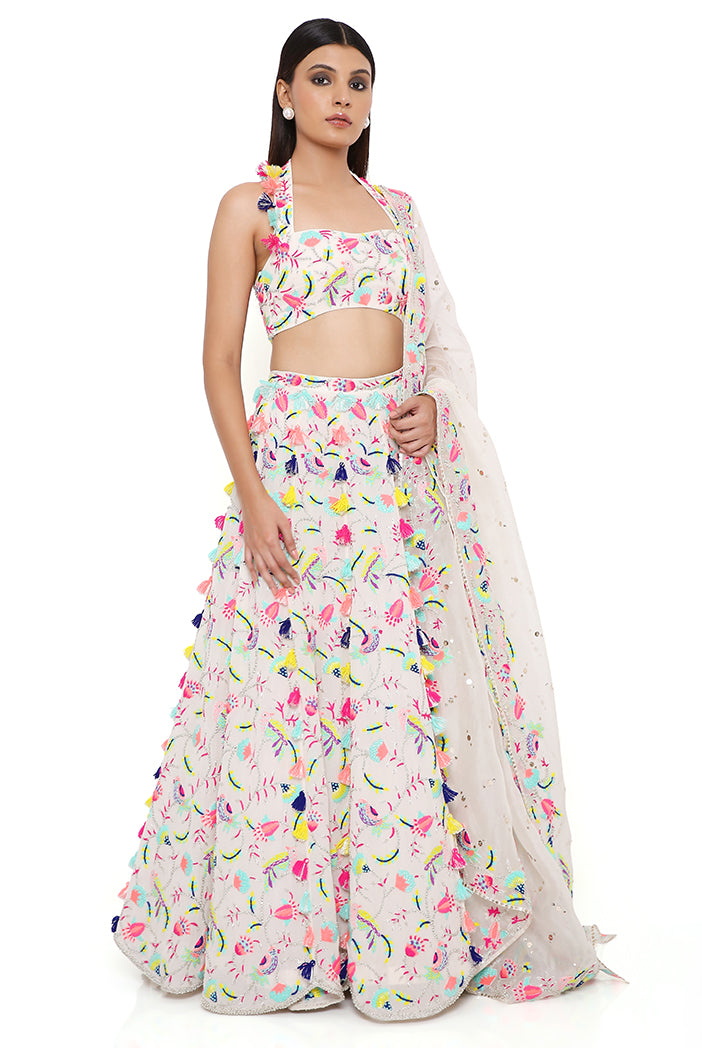 MAHIRA STONE GEORGETTE EMBROIDERED HALTER TOP AND LEHENGA WITH MUKAISH ORGANZA DUPATTA