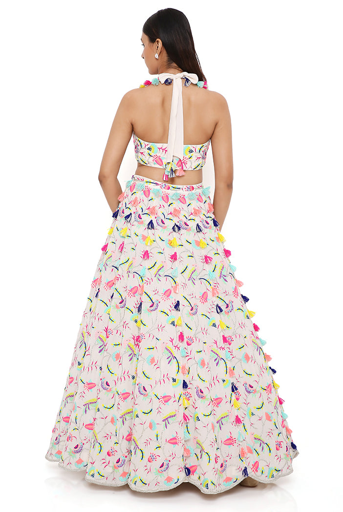 MAHIRA STONE GEORGETTE EMBROIDERED HALTER TOP AND LEHENGA WITH MUKAISH ORGANZA DUPATTA