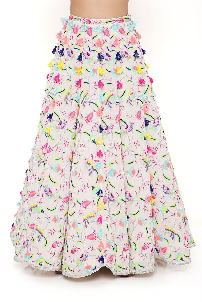 MAHIRA STONE GEORGETTE EMBROIDERED HALTER TOP AND LEHENGA WITH MUKAISH ORGANZA DUPATTA