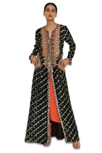 Maya Black Leheriya Banarasi Silk Embroidered Kurta With Orange Colour Georgette Pants