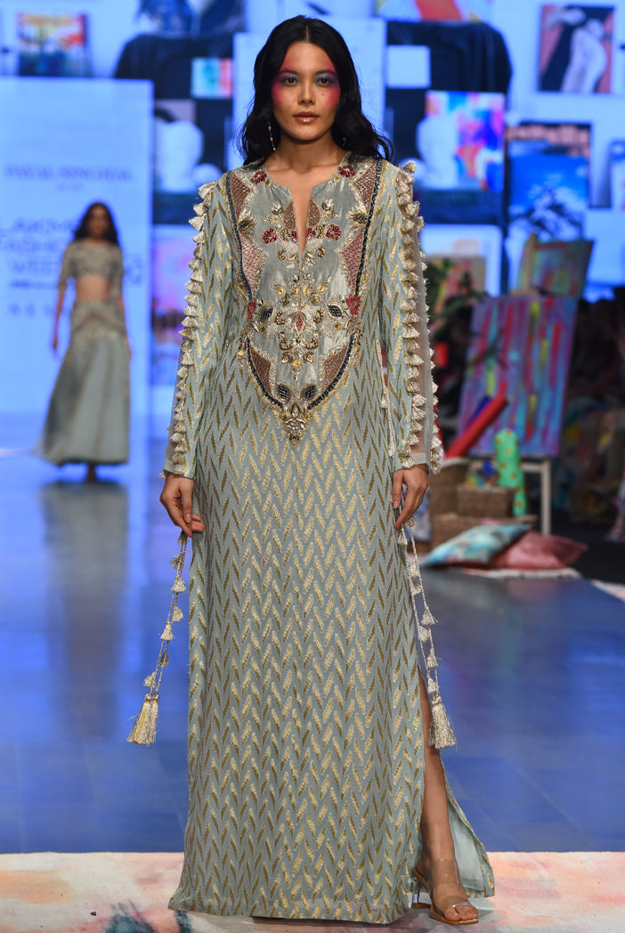MIRAYA POWDER BLUE DASH IKAT BANARASI GEORGETTE KAFTAN WITH ORGANZA DETAILED SLEEVES