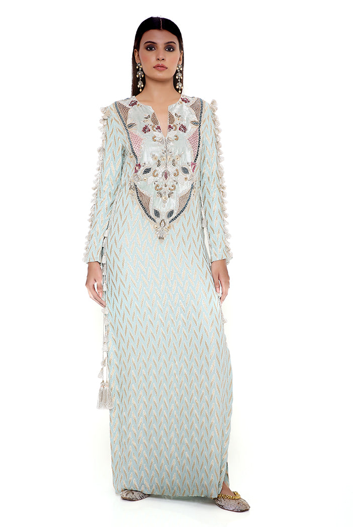 MIRAYA POWDER BLUE DASH IKAT BANARASI GEORGETTE KAFTAN WITH ORGANZA DETAILED SLEEVES
