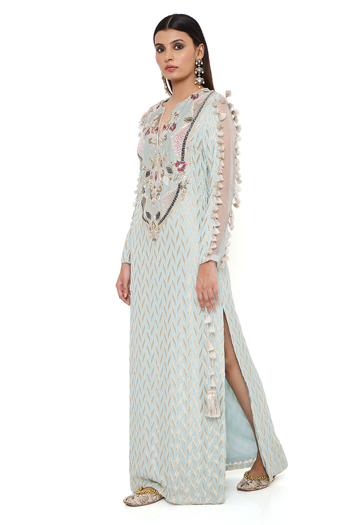 MIRAYA POWDER BLUE DASH IKAT BANARASI GEORGETTE KAFTAN WITH ORGANZA DETAILED SLEEVES